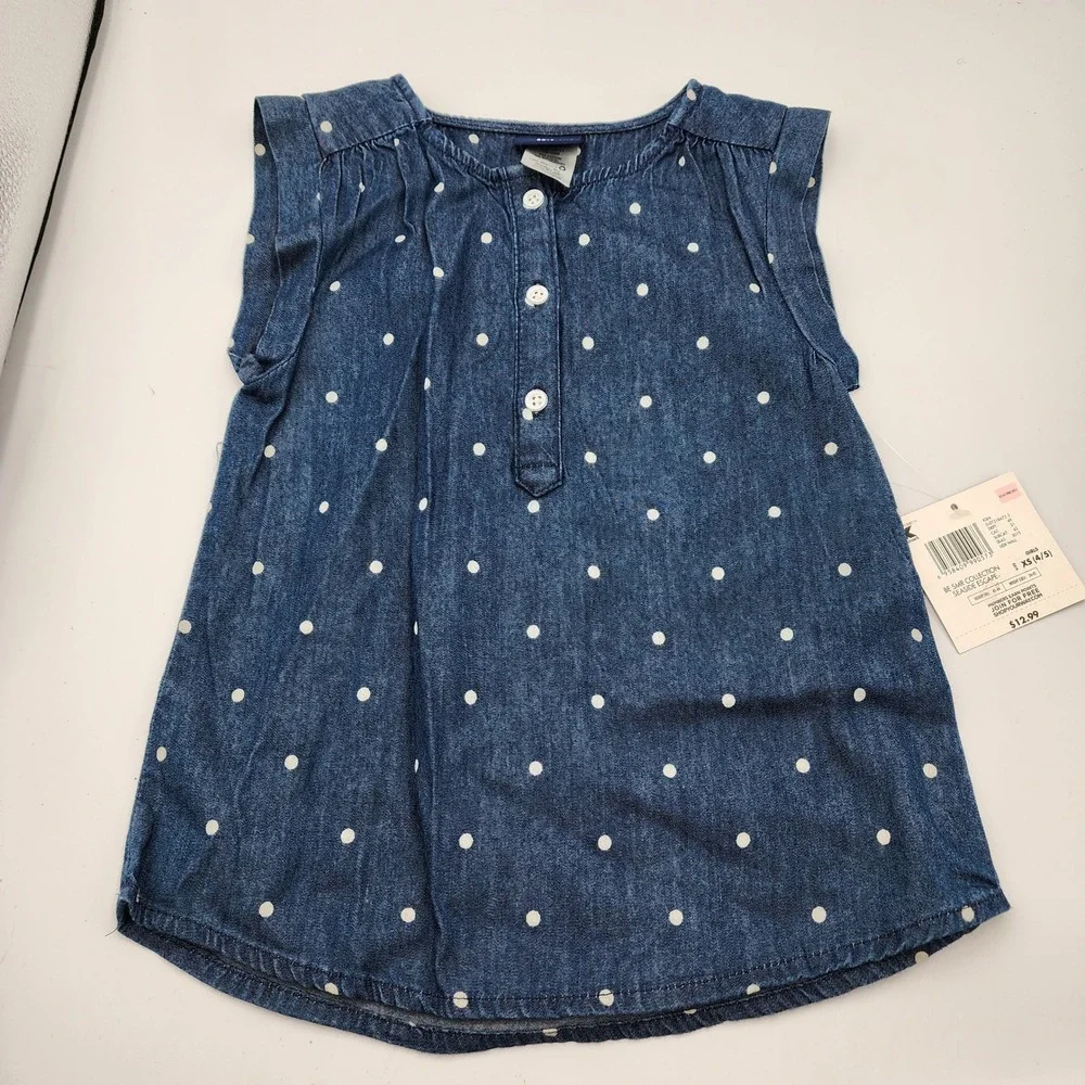 Basic Editions Girls XS Denim Dress Sleeveless Blue Polka Dot Kids Clothes
